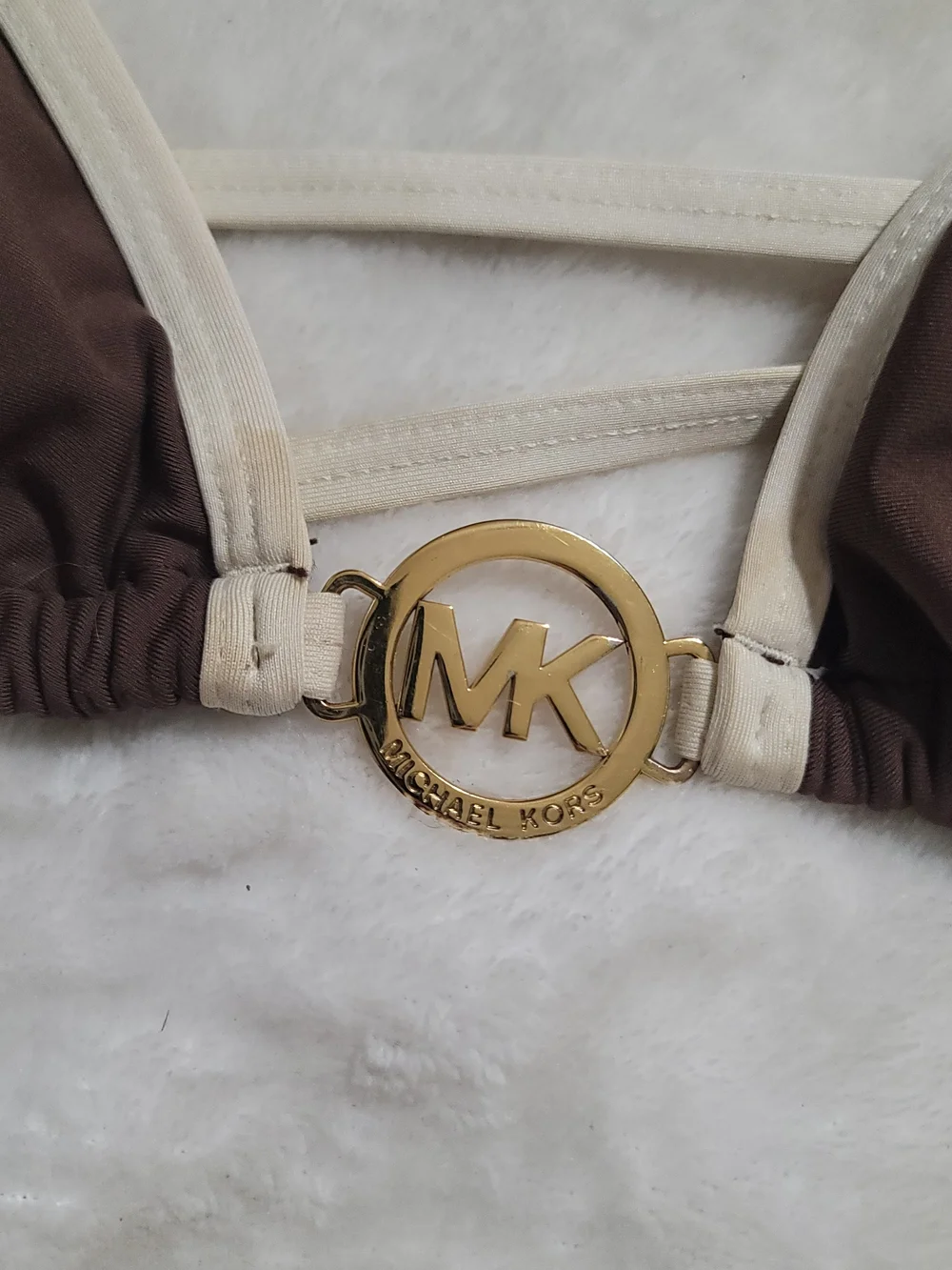 Michael Kors Brown Bikini Triangle Top with Cream Trim and Gold MK Accent
